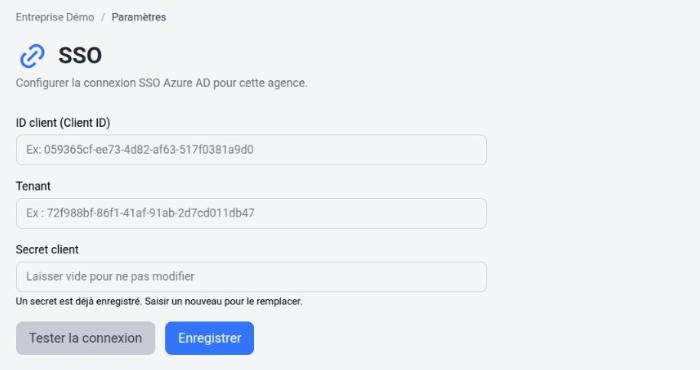 Configuration SSO Azure AD : identifiant client, tenant, secret