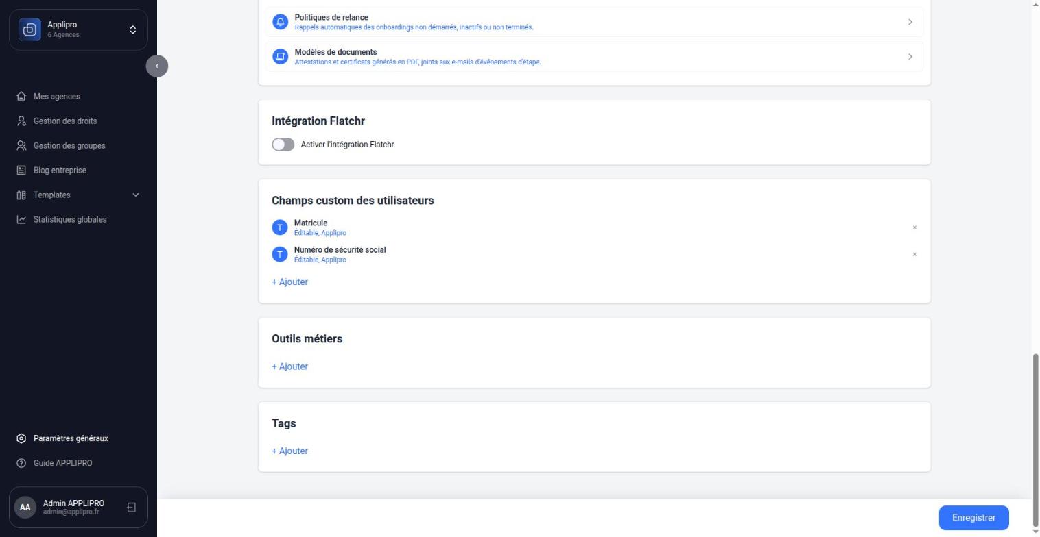 Champs personnalisés des utilisateurs, outils métiers, tags
