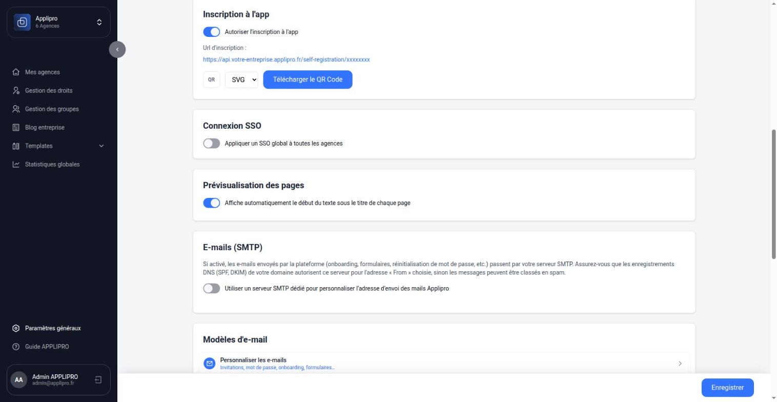 Inscription à l’app, connexion SSO, prévisualisation des pages, serveur SMTP