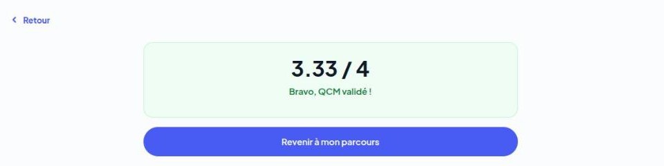 Résultat du QCM : 3,33 sur 4, QCM validé
