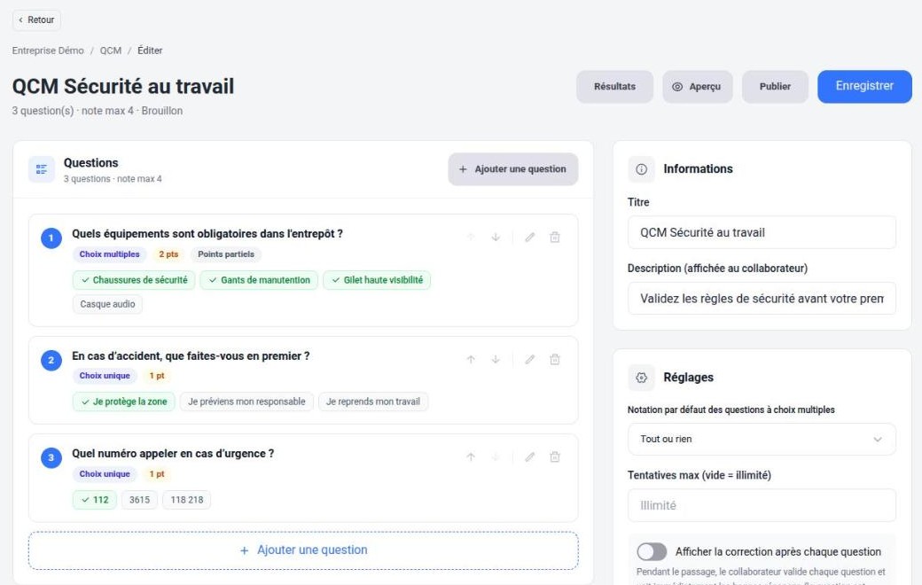 Éditeur d’un QCM : les questions, les informations et les réglages