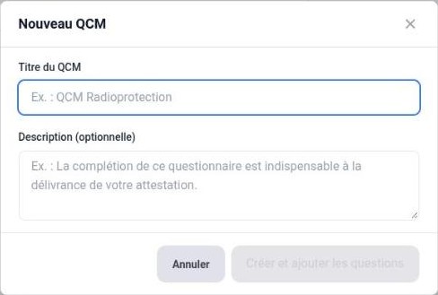 Fenêtre Nouveau QCM : titre et description