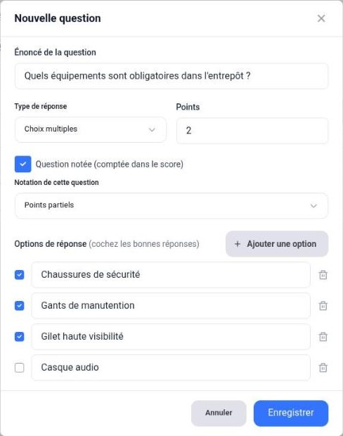 Fenêtre Nouvelle question : énoncé, type, points, notation, options