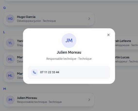 Fiche contact d’un collègue dans l’annuaire de l’application