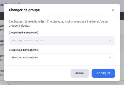 Fenêtre Changer de groupe, avec un groupe à retirer et un groupe à ajouter