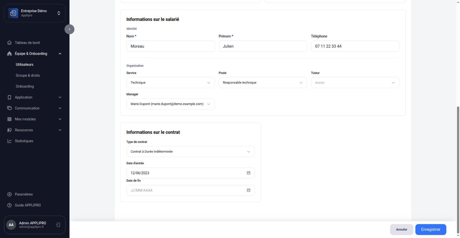Onglet Profil : identité, organisation et contrat