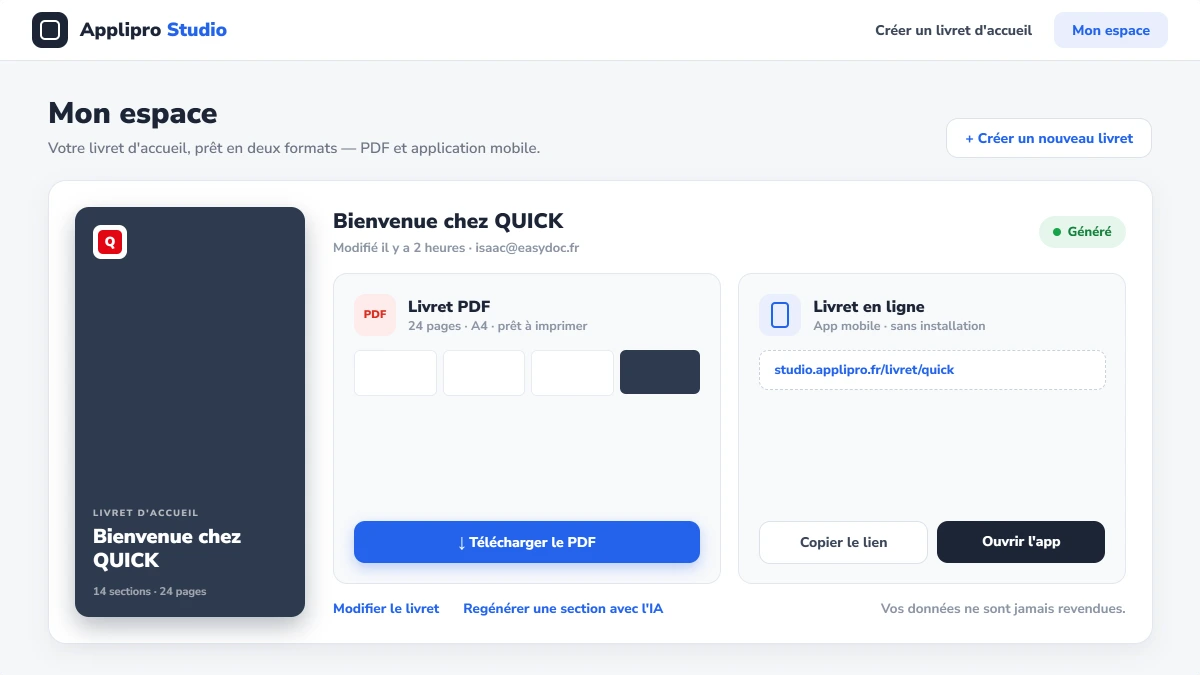 Applipro Studio génère votre livret d'accueil : un PDF imprimable et une version en ligne à partager