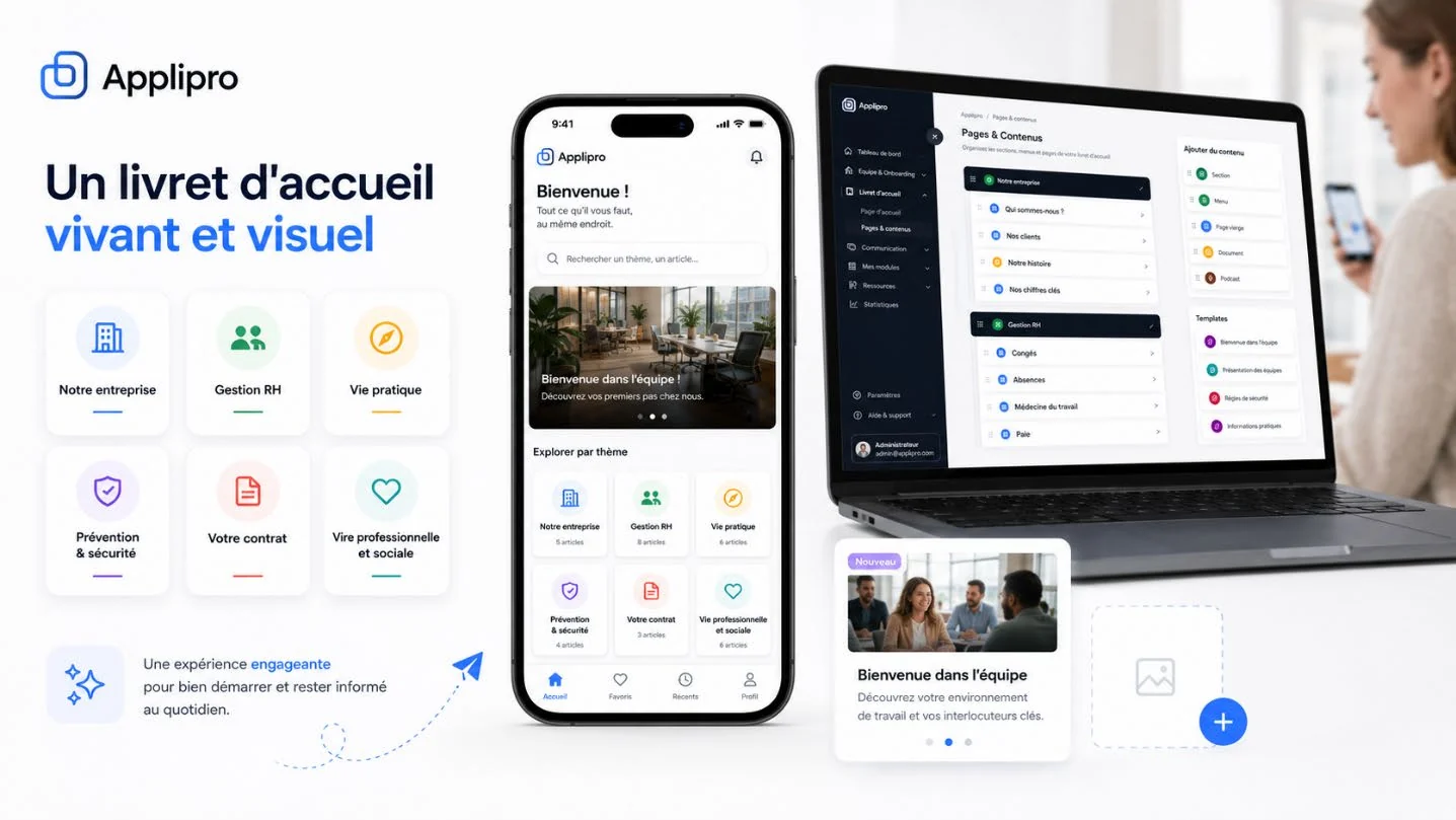 Livret d'accueil digital Applipro vivant et visuel sur mobile et backoffice RH