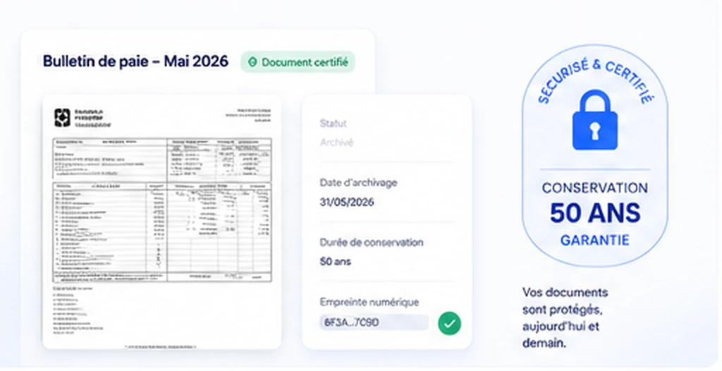 Bulletin de paie archivé et certifié dans le coffre-fort Applipro, conservation garantie 50 ans
