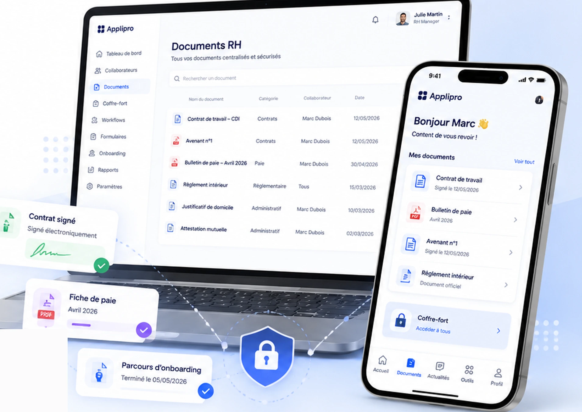 Backoffice RH Applipro et application collaborateur affichant les documents RH sécurisés