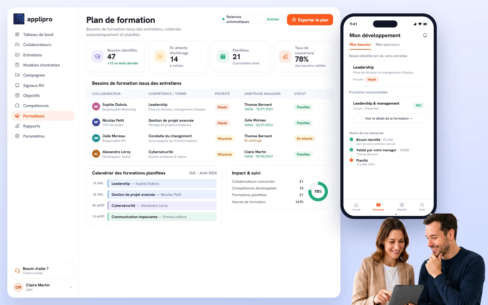 Plan de formation : besoins issus des entretiens, à arbitrer et planifier